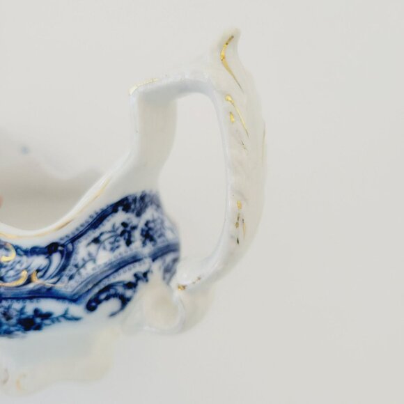J&G Meakin York Flow Blue Gravy Boat, Embossed, Gold Accents, Floral Swags - Picture 3 of 13